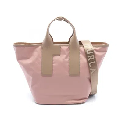 Furla Pink Nylon Leather Tote Bag In Beige, Pink