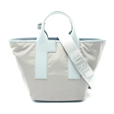 Furla Piuma M Leather Nylon Handbag In Gray