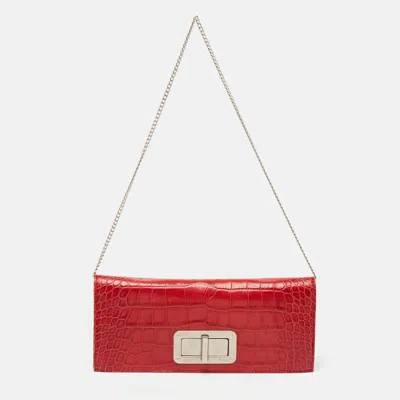 Pre-owned Furla Red Croc Embossed Leather Chain Clutch