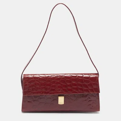 Pre-owned Furla Red Croc Embossed Leather Flap Shoulder Bag