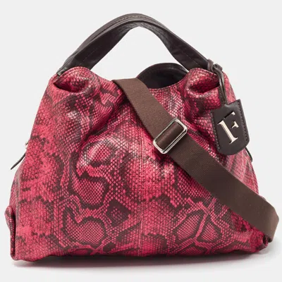 Pre-owned Furla Red/brown Python Embossed And Leather Hobo