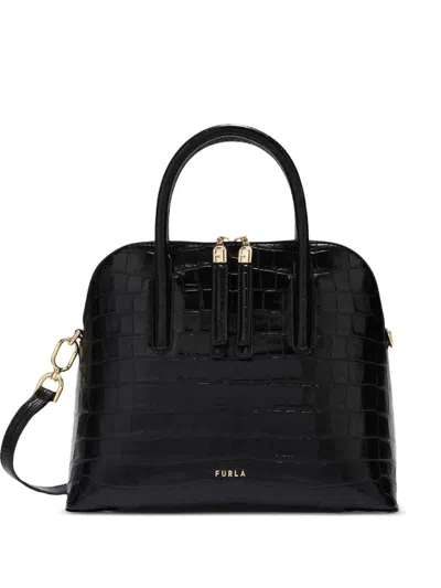 Furla S Atmosfera Dome Croc-effect Leather Tote Bag In Black