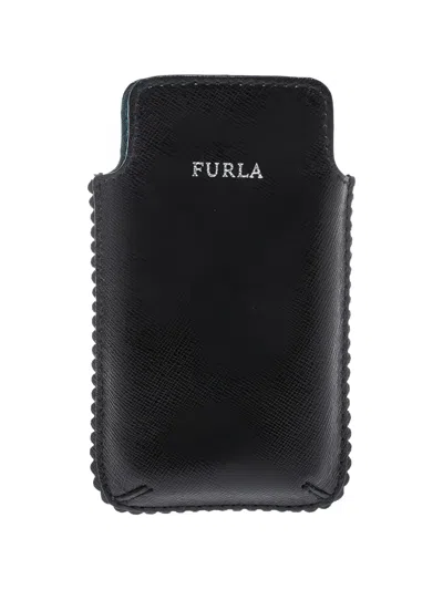 Pre-owned Furla Scalloped Leather Phone Case In Black