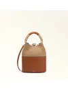 Furla Sfera S Bucket Bag In Leather And Fabric, Cognac Color In Multi