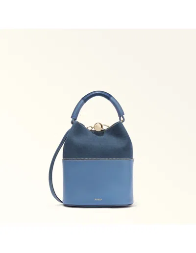 Furla Sfera S Bucket Bag In Leather And Fabric, Jeans Color In Blue