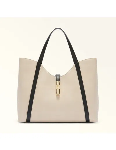 Furla Shopping Drop Xl In Canvas And Leather In Natural / Black