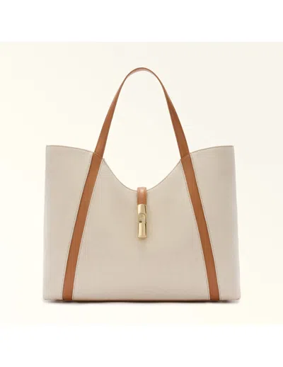 Furla Shopping Goccia Xl Hobo In Canvas And Leather In Natural/brandy