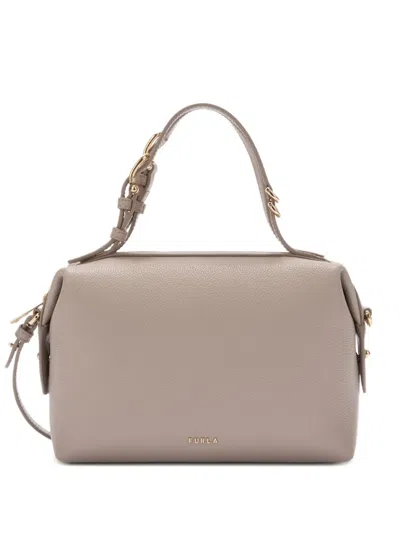 Furla Small Double Boston Leather Tote Bag In Gray