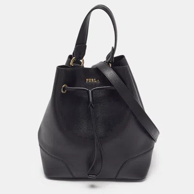 Pre-owned Furla Stacy Medium Saffiano Leather Drawstring Bucket Bag In Black