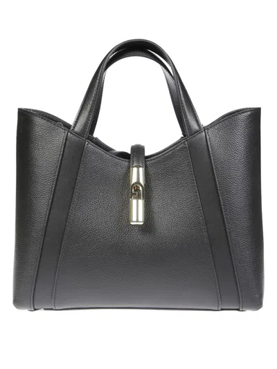 Furla Structured Black Leather Tote In Gray
