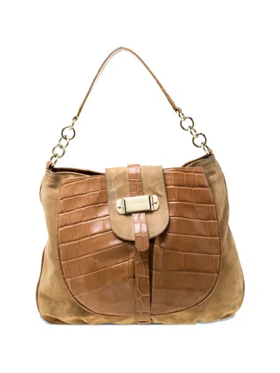 Pre-owned Furla Suede Croc-embossed Leather Shoulder Bag In Brown