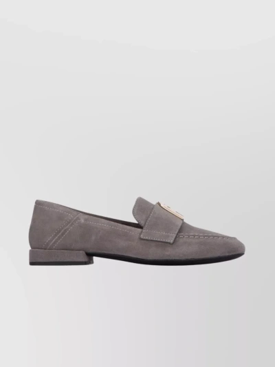 Furla Suede Square Toe Loafers With Metallic Stitching In Grey