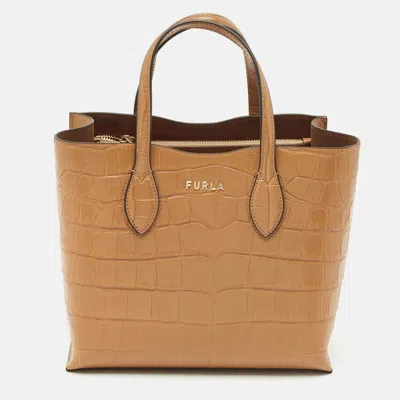 Pre-owned Furla Tan Croc Embossed Leather Tote