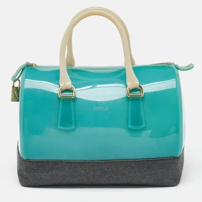 Pre-owned Furla Teal Blue/black Rubber And Denim Candy Bag