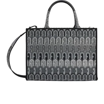 Furla Women Opportunity Tote Leather Canvas Bag Toni Grigio In Black