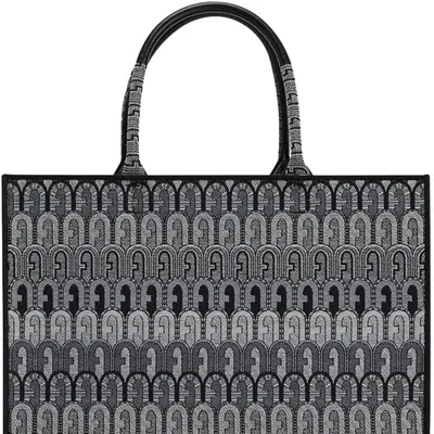 Furla Women Opportunity Tote Toni Grigio Leather Canvas Tote Bag In Black