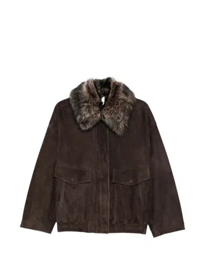 Furling By Giani Faux-fur Collar Suede Bomber Jacket In Brown