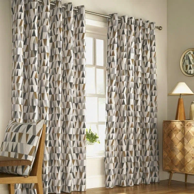 Furn Reno Ringtop Geometric Eyelet Curtains (charcoal/gold) (46in X 72in) (46in X 72in) In Brown