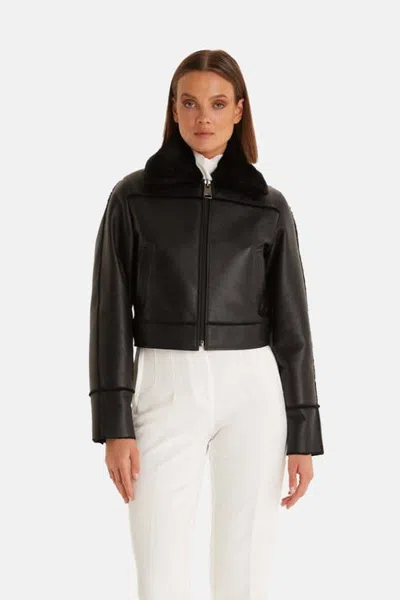 Furniq Uk Clara Cropped Leather Shearling Jacket In Black