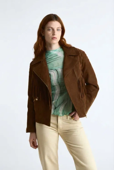 Furniq Uk Lara Fringe Suede Jacket In Brown