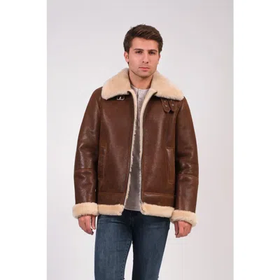 Furniq Uk Rupert Textured Leather Shearling Aviator Jacket In Brown