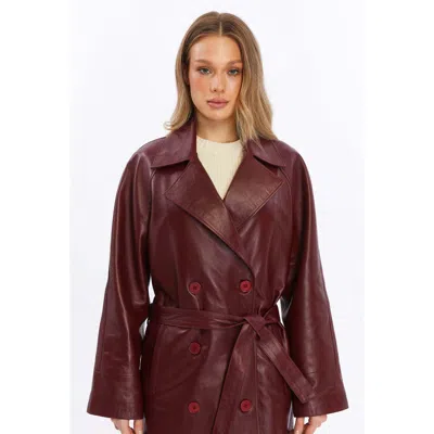 Furniq Uk Sloane Leather Trench Coat In Burgundy