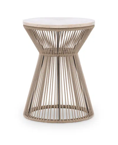 Furniture Biscayne 18" Wood With Travertine Top Round Rope End Table In Malabar With Alabaster Fronts