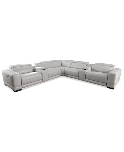 Furniture Closeout! Krofton 7-pc. Beyond Leather Fabric Sectional With 3 Power Motion Recliners And 2 Consoles In Fog