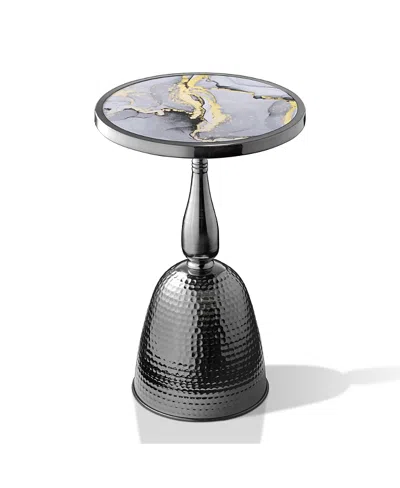 Furniture Of America Knoll 16 Iron Round End Table With Marble-pattern Top And Hammered Base In Black