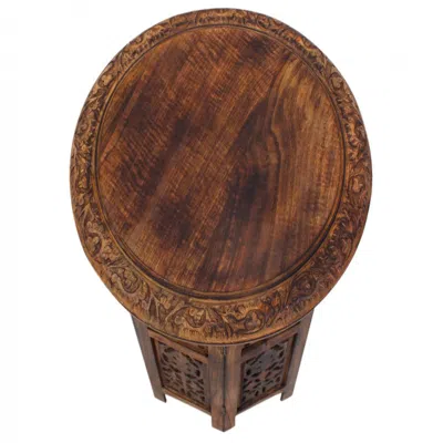 Furnizzeme 18 Inch Mango Wood Folding Accent Table, Hand Carved, Walnut Brown