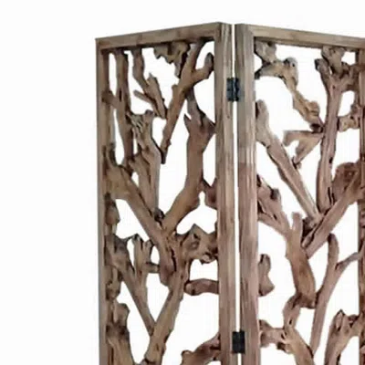 Furnizzeme 3 Panel Wooden Screen With Mulberry Alpine Like Branches Design, Brown