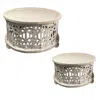 Furnizzeme 30 Inch Round 2 Piece Wood Coffee Table Set, Carved Floral Design, Antique White