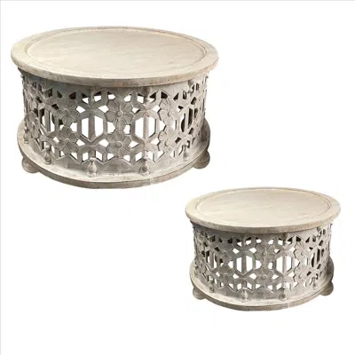 Furnizzeme 30 Inch Round 2 Piece Wood Coffee Table Set, Carved Floral Design, Antique White In Neutral