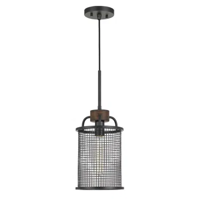 Furnizzeme Cylindrical Grid Design Metal Chandelier With Wooden Accent, Black