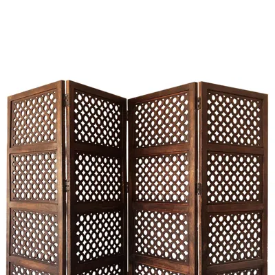 Furnizzeme Decorative Four Panel Mango Wood Hinged Room Divider With Circular Cutout Design, Brown
