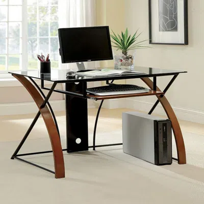 Furnizzeme Glass Top Computer Desk With Z Shaped Metal Legs, Brown And ...
