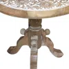Furnizzeme Intricately Carved Round Top Mango Wood Side End Table With Pedestal Base, Brown And White