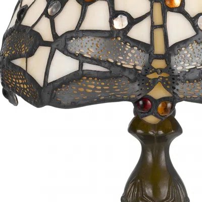 Furnizzeme Metal Body Tiffany Table Lamp With Dragonfly Design Shade, Multicolor In Green