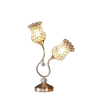 Furnizzeme Metal Table Lamp With Floral Trumpet Shade And Crystal Accents, Gold