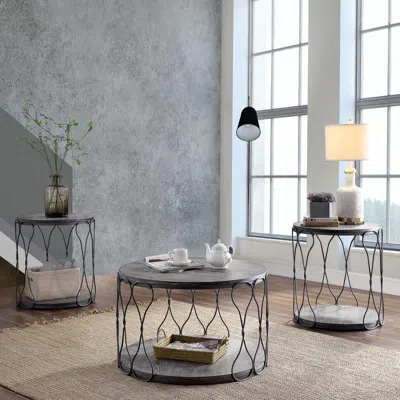 Furnizzeme Round Industrial Style Metal And Solid Wood End Table With Open Bottom Shelf, Gray And Brown