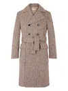 Fursac Tweed-belted Double-breasted Coat In Brown