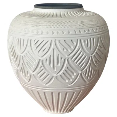 Pre-owned Furstenberg Porcelain Incised Geometric Design Bisque Porcelain Vase By Nancy Smith In Transparent