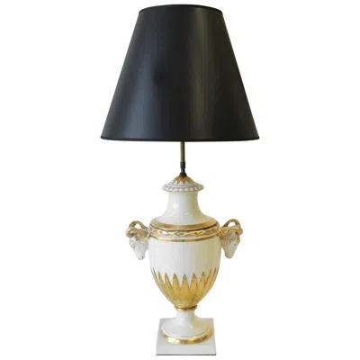 Pre-owned Furstenberg Porcelain Urn And Rams Head White & Gold Porcelain Table Lamp Empire Style, German, Large