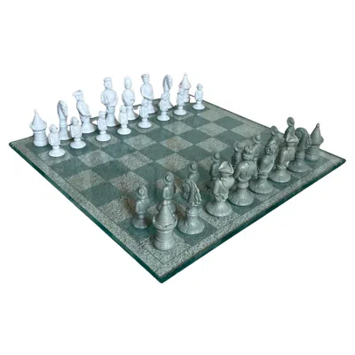 Pre-owned Furstenberg Porcelain Vintage Bisque Porcelain Chess Set With Etched Glass Board By Furstenberg In Gray