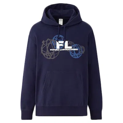 Pre-owned Futura Laboratories Men's  X Uniqlo Logo Hooded Sweatshirt In Navy Blue
