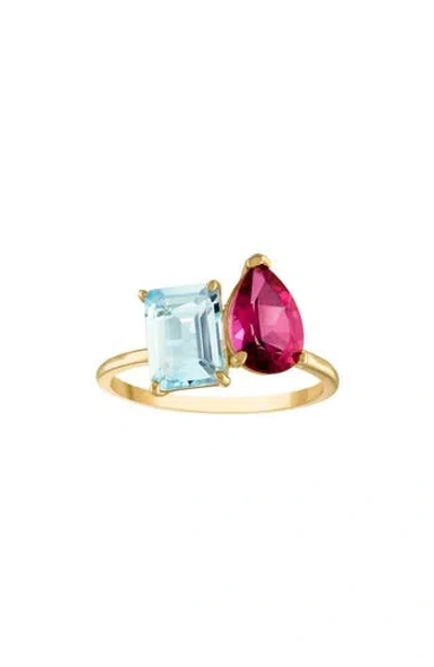 Fuzion Creations Pink Topaz & Blue Topaz Ring In Yellow