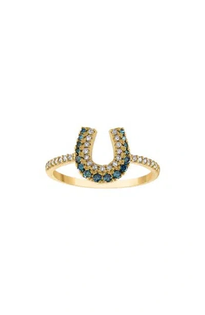 Fuzion Creations White & Blue Diamond Horseshoe Ring In Yellow