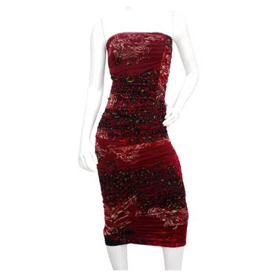 Pre-owned Fuzzi 1990s Burgundy Animal Print Mesh Strapless Midi Dress In Red