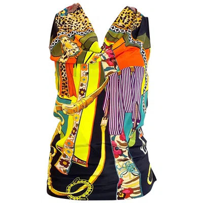 Pre-owned Fuzzi 1990s  Belt Leopard Flower Print Size 4 Sleeveless Silk Vintage 90s Blouse In Orange