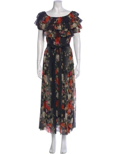 Pre-owned Fuzzi Floral Print Long Dress In Black